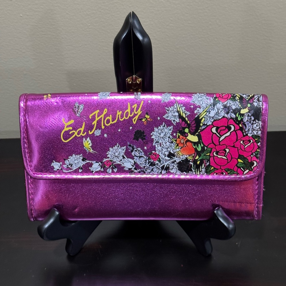 Ed Hardy Shiny Pink Floral Wallet